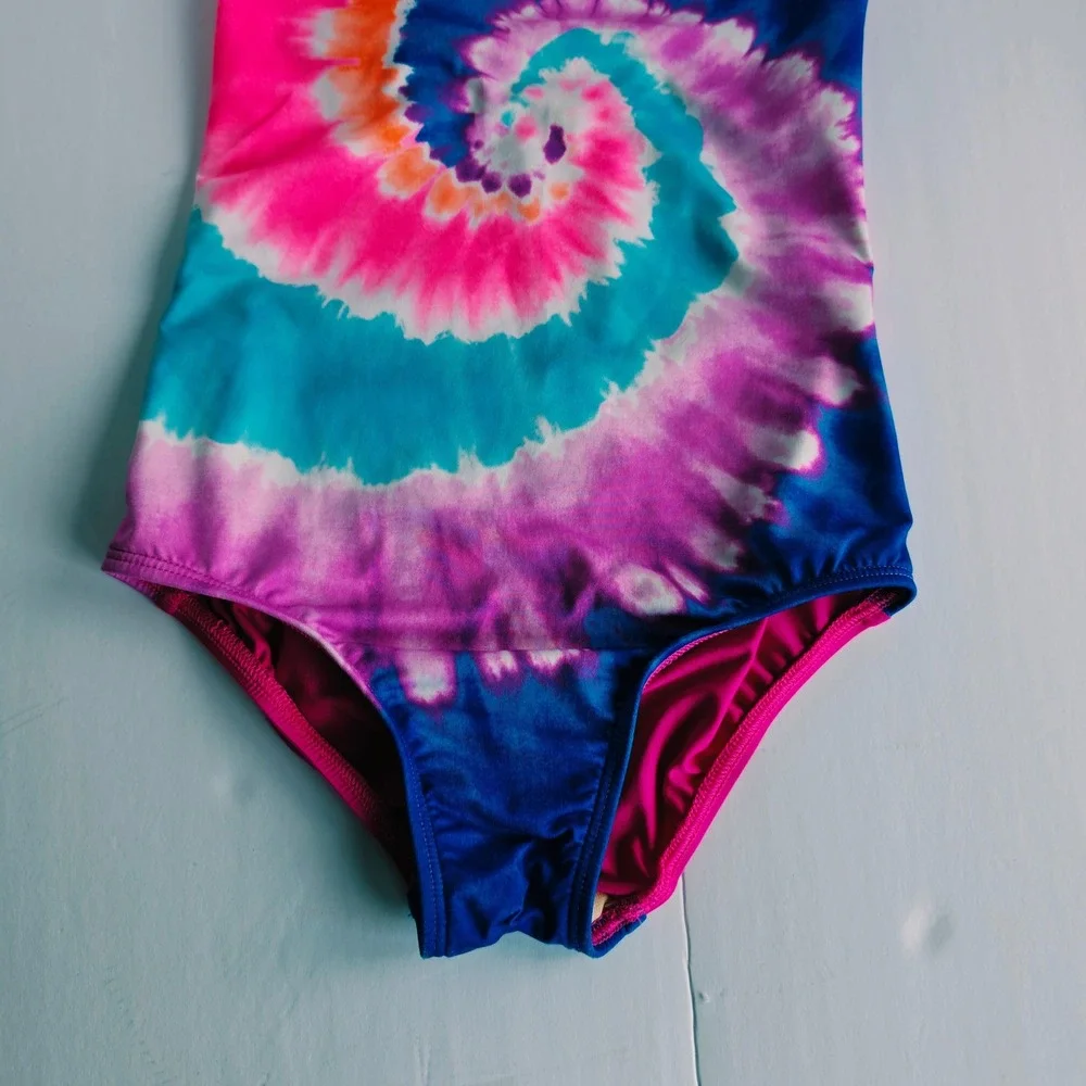 Lands End One Piece Swimsuit Girls 6 Pink Tie Dye Good Crisscross Back